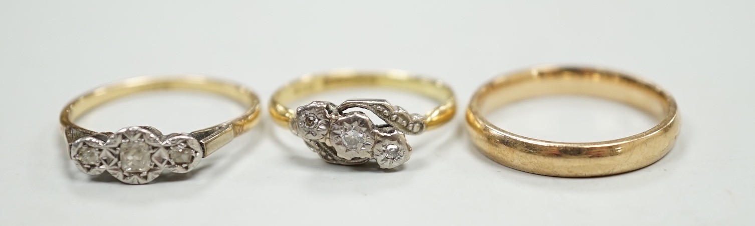 A 9ct gold wedding band, size O/P, 3 grams and two 1940's 18ct and illusion set diamond chip rings, gross 4.4 grams.